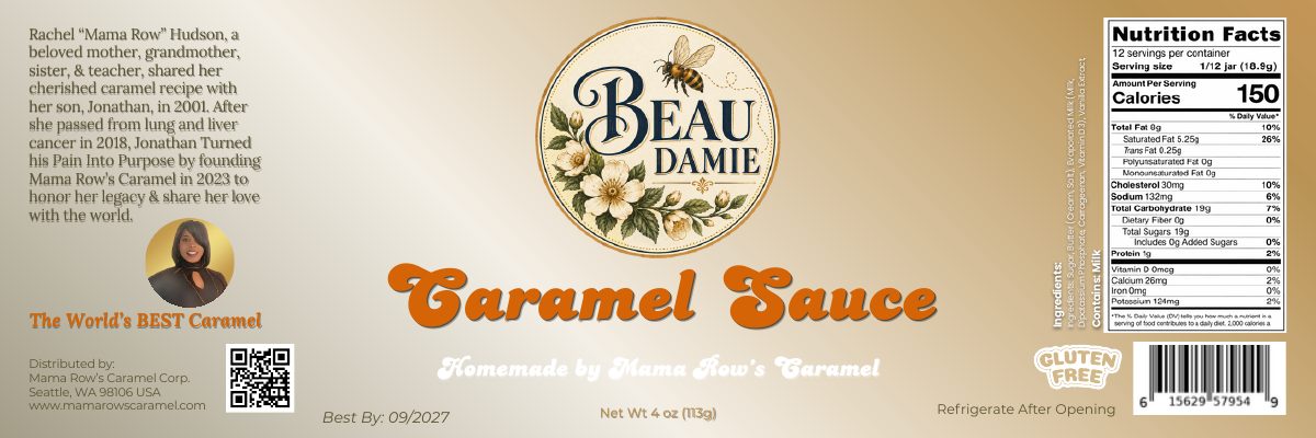Custom caramel label for Beau Damie