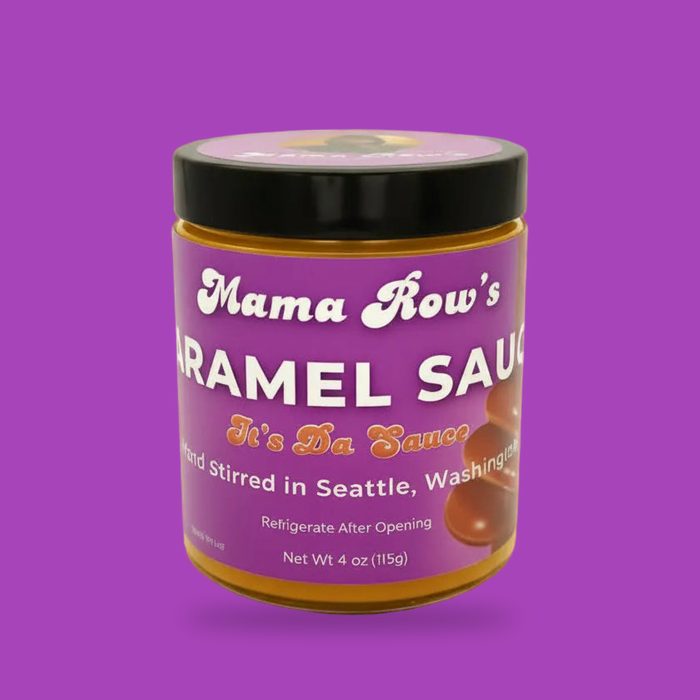 A 4 oz jar of Mama Row's caramel sauce